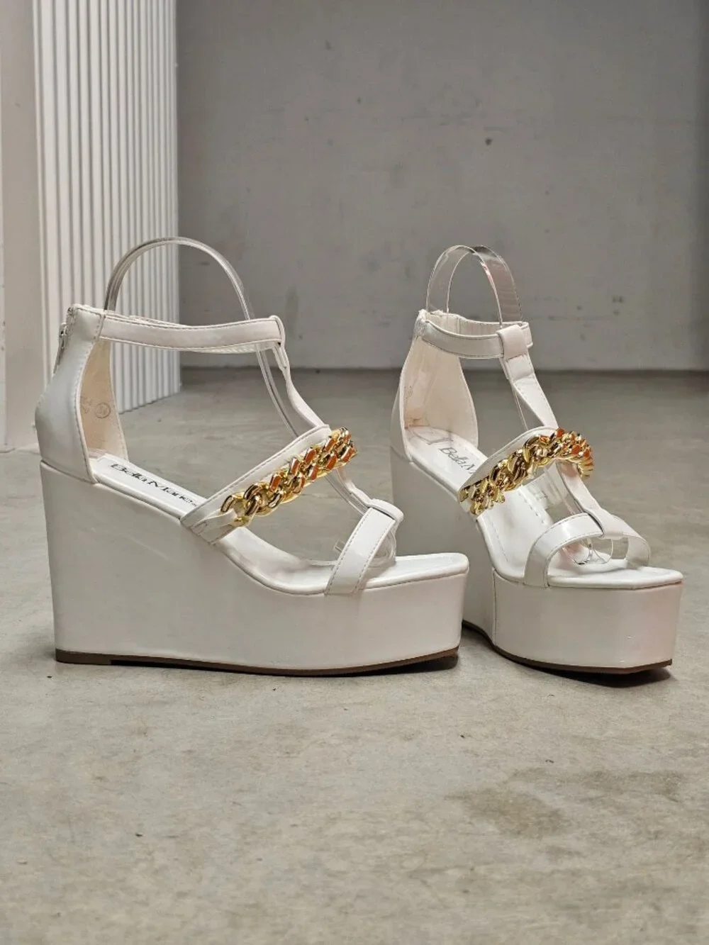 White Platform Wedge Sandals With Gold Chain Accent & Clear Straps By Bella Mari